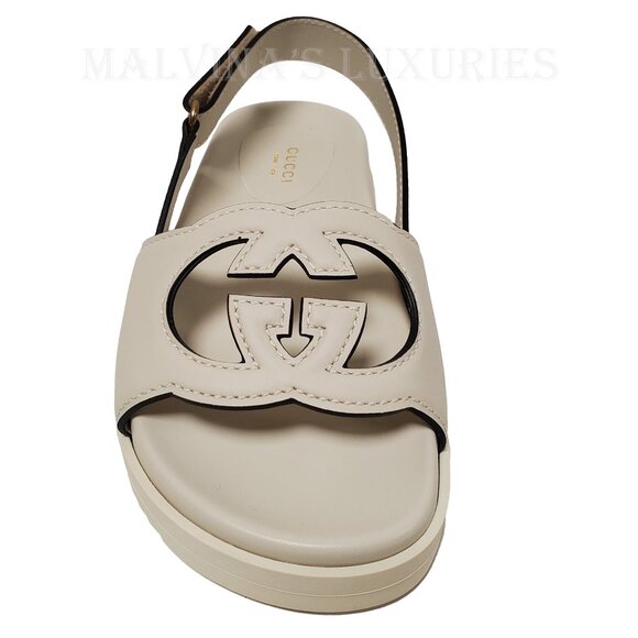 GUCCI SHOES INTERLOCKING G LOGO WHITE LEATHER SLINGBACK SANDALS sz 37.5 7.5 - Picture 8 of 16